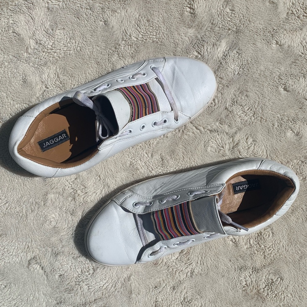 Very Cool White Jaggar Designer Sneakers with Multicolor Stripe elastic detail